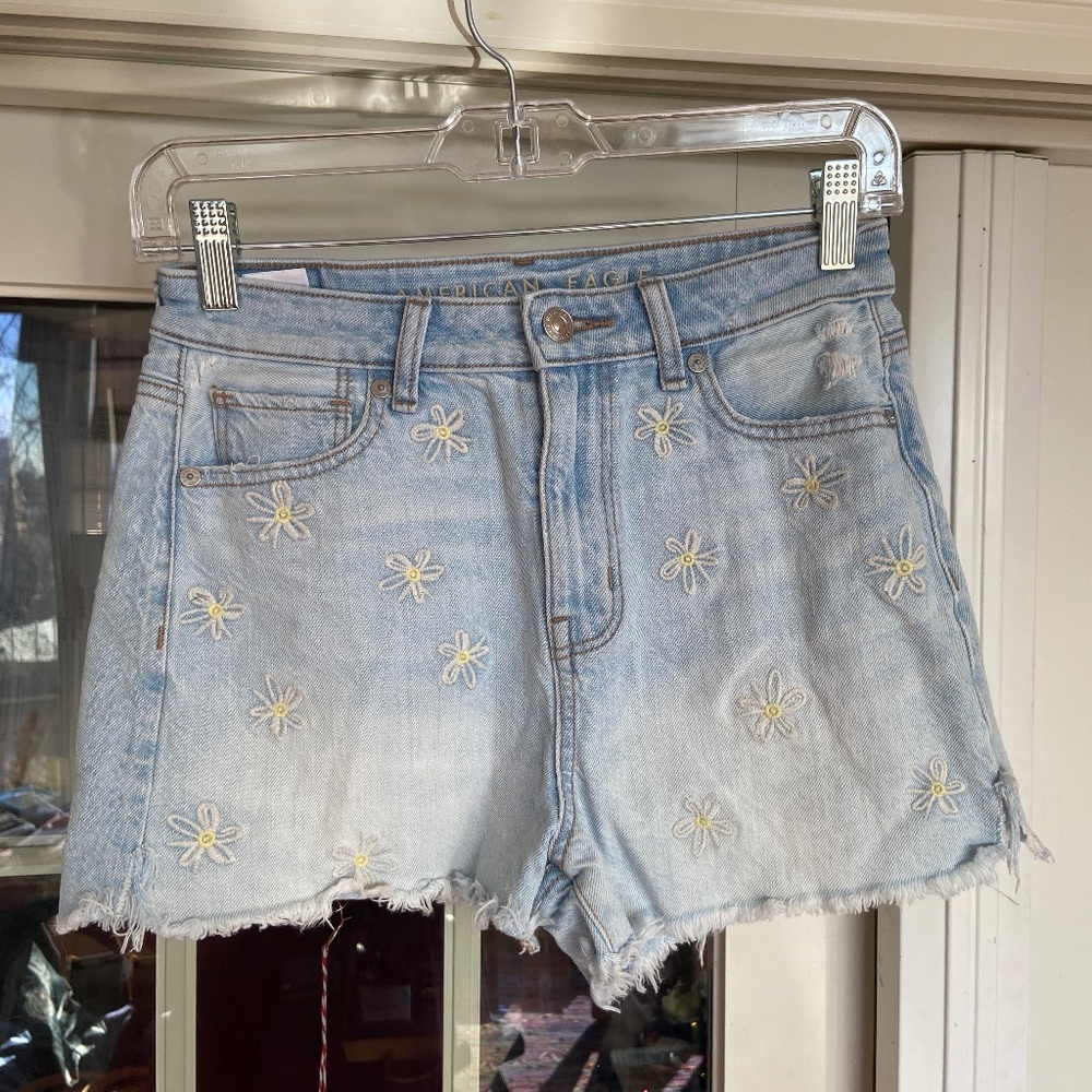 American Eagle Embroidered Daisy Denim Shorts Boho Coquette 100% Cotton Size 0